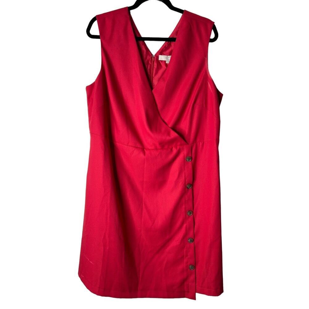 Loft Dress Womens Plus Size 16 Red Side Button Faux Wrap Sleeveless V-Neck Midi